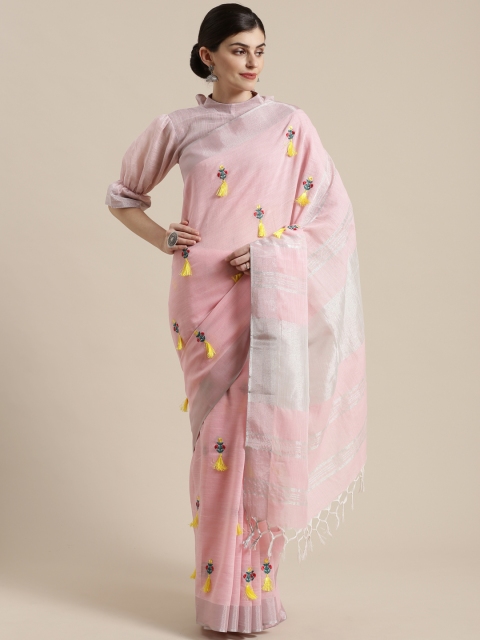 

Saree mall Pink & Yellow Embroidered Tasseled Saree