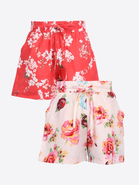 

CUTECUMBER Girls Pack of 2 Floral Print Regular Shorts, Red