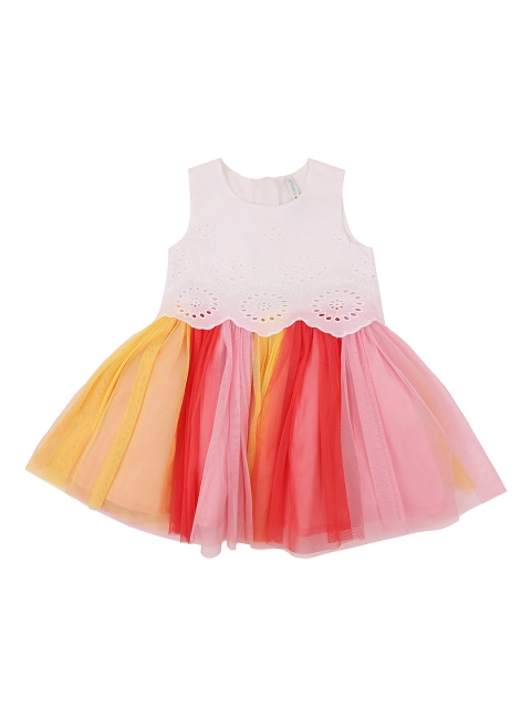 

Pantaloons Baby Girls White & Pink Colourblocked Fit and Flare Schiffli Dress