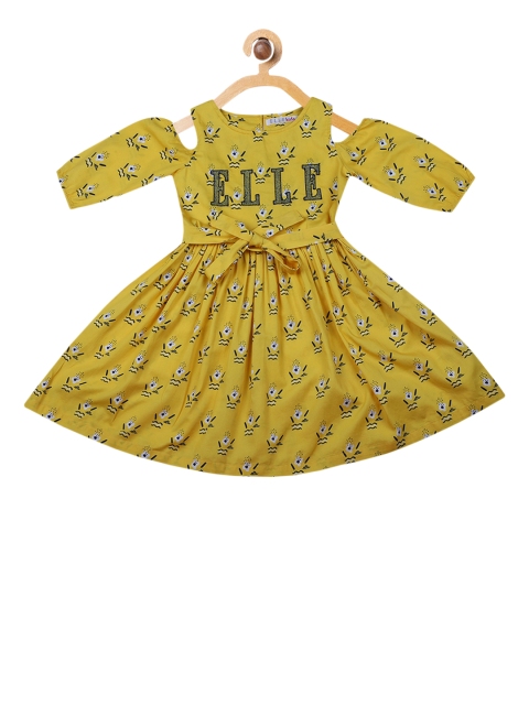 

ELLE Girls Mustard Yellow & Black Printed Fit and Flare Dress