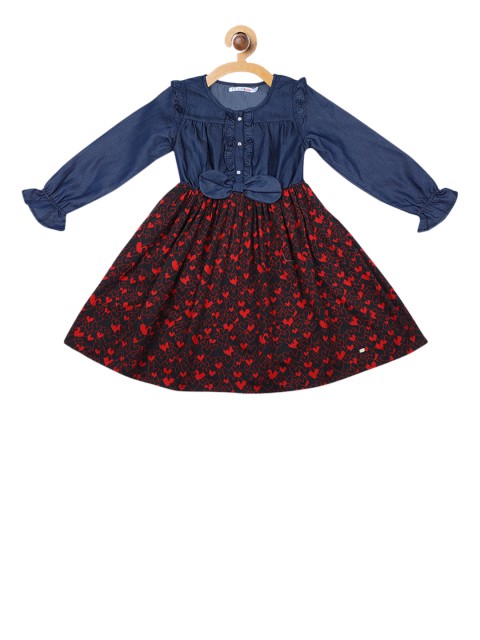 

ELLE Girls Blue & Black Printed Fit and Flare Dress with Bow Detail