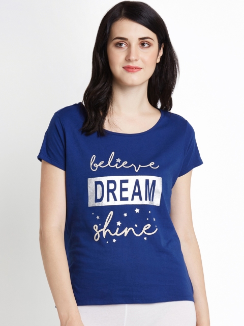 

Dreamz by Pantaloons Women Navy Blue Printed Round Neck Lounge T-shirt