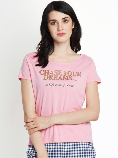 

Dreamz by Pantaloons Women Pink Printed Round Neck Pure Cotton Lounge T-shirt