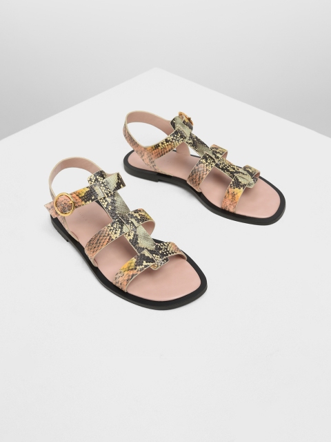 

CHARLES & KEITH Women Multicoloured Snakeskin Textured PU Open Toe Flats, Multi