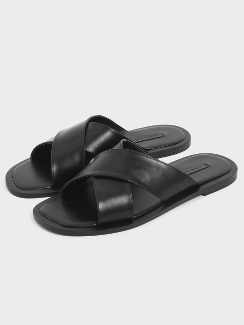 

CHARLES & KEITH Women Black Solid PU Open Toe Flats