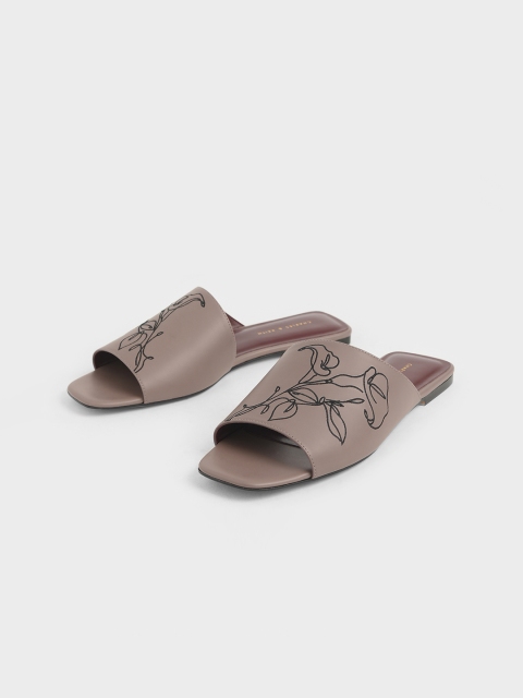

CHARLES & KEITH Women Mauve Embroidered PU Open Toe Flats