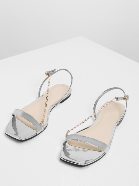 

CHARLES & KEITH Women Silver-Toned Solid PU Open Toe Flats