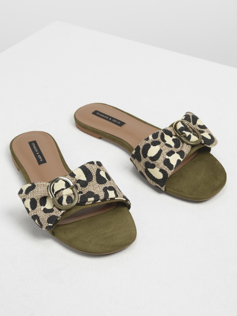 

CHARLES & KEITH Women Olive Green Printed PU Open Toed Flats
