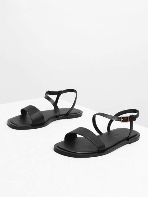 

CHARLES & KEITH Women Black Solid PU Open Toe Flats