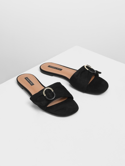 

CHARLES & KEITH Women Black Solid PU Open Toe Flats