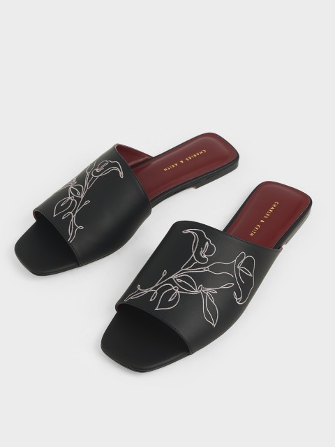 

CHARLES & KEITH Women Black Embroidered PU Open Toe Flats