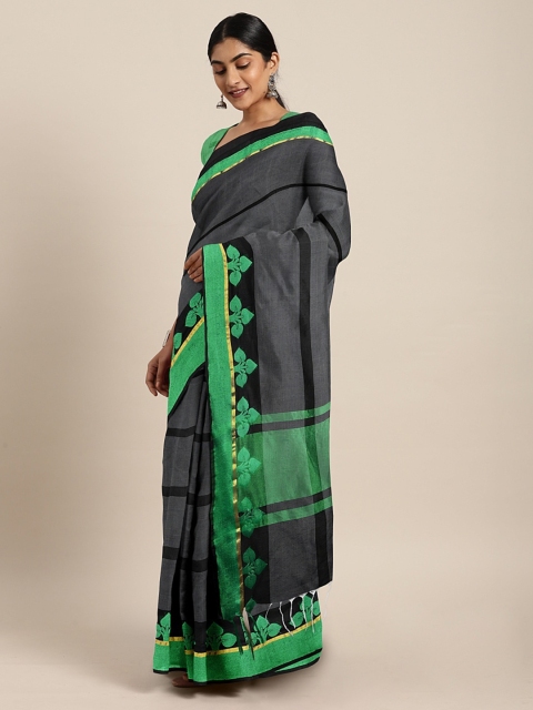 

Pavechas Grey & Green Silk Cotton Striped Banarasi Saree