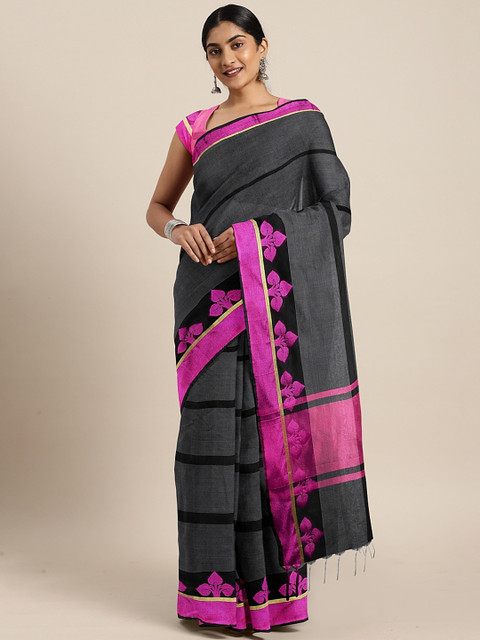 

Pavechas Charcoal Grey & Black Silk Cotton Striped Banarasi Saree