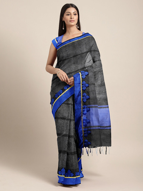 

Pavechas Charcoal Grey & Blue Silk Cotton Striped Banarasi Saree