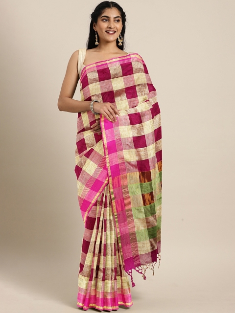 

Pavechas Magenta & Gold-Toned Poly Silk Checked Banarasi Saree