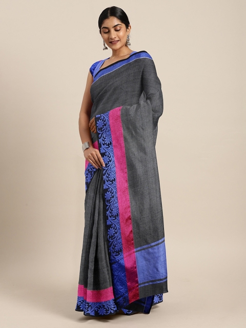 

Pavechas Charcoal Grey & Purple Silk Cotton Solid Banarasi Saree