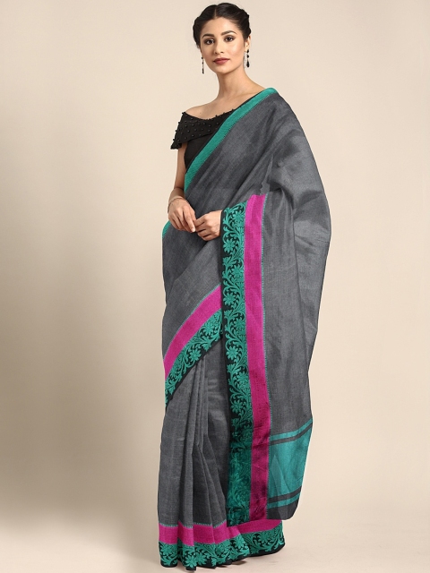 

Pavechas Charcoal Grey Silk Cotton Solid Banarasi Saree
