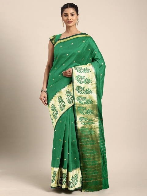 

Pavechas Green & Gold-Toned Poly Silk Woven Design Banarasi Saree