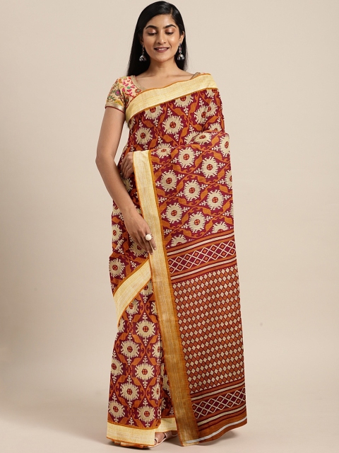 

Pavechas Mustard & Maroon Polycotton Printed Ikat Saree