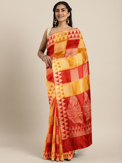

Pavechas Mustard & Red Poly Silk Checked Banarasi Saree