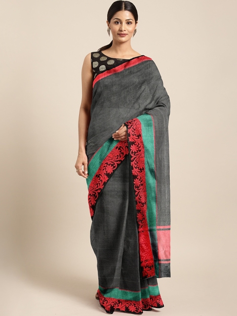 

Pavechas Charcoal Silk Cotton Solid Banarasi Saree