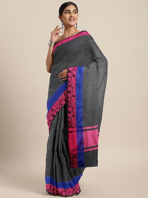 

Pavechas Charcoal Grey & Pink Silk Cotton Solid Banarasi Saree