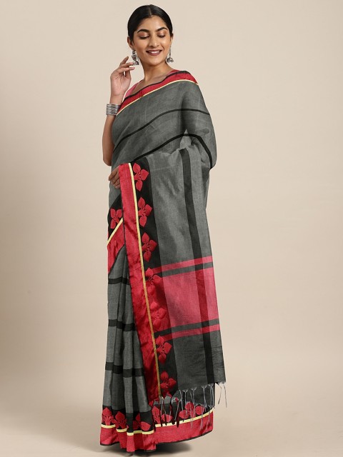 

Pavechas Grey & Black Silk Cotton Striped Saree