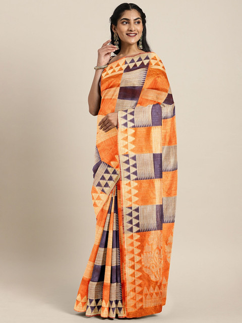 

Pavechas Orange & Purple Poly Silk Checked Banarasi Saree