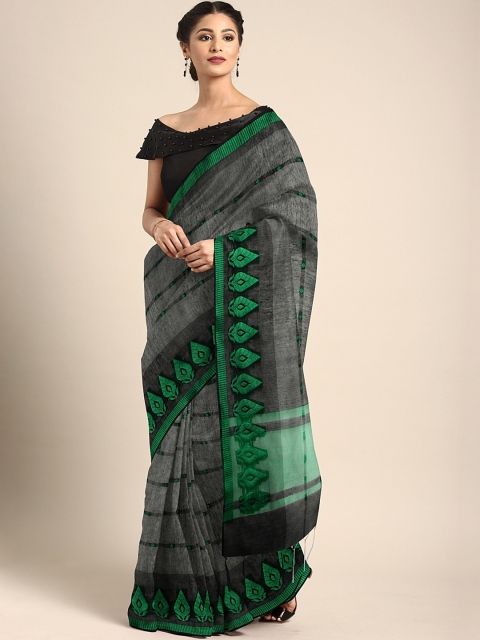 

Pavechas Grey & Black Silk Cotton Striped Banarasi Saree