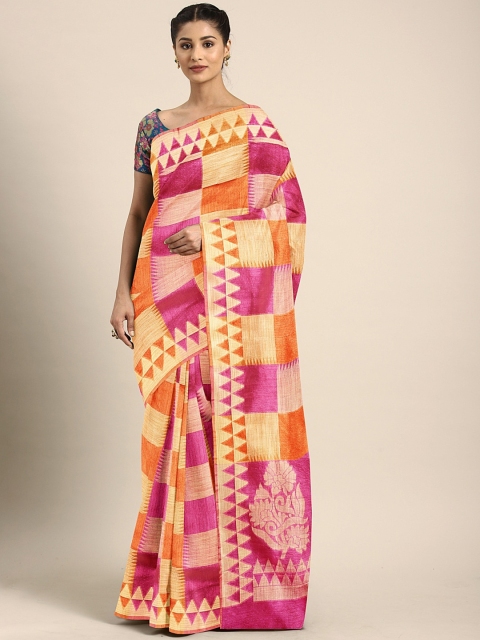 

Pavechas Orange & Pink Poly Silk Checked Banarasi Saree