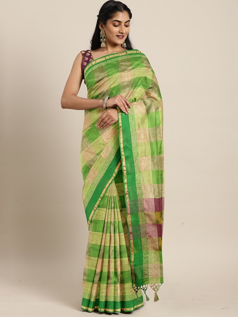 

Pavechas Green & Beige Poly Silk Checked Banarasi Saree