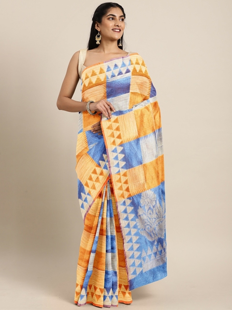 

Pavechas Mustard Yellow & Blue Poly Silk Checked Banarasi Saree
