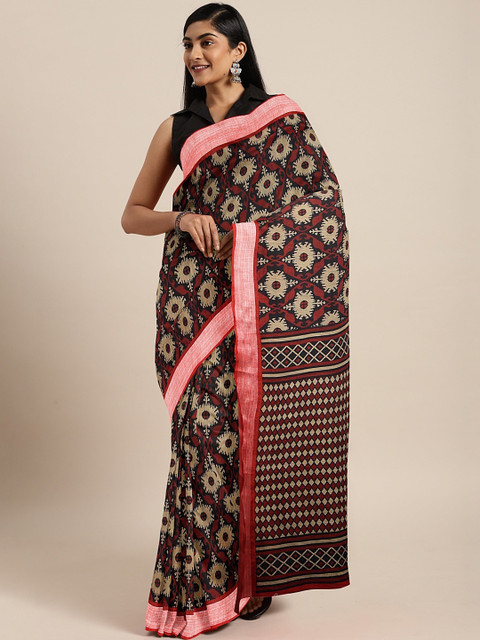 

Pavechas Maroon & Black Polycotton Printed Ikat Saree