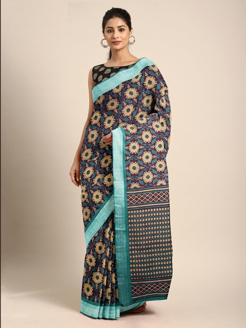 

Pavechas Beige & Teal Green Polycotton Ikat Printed Saree