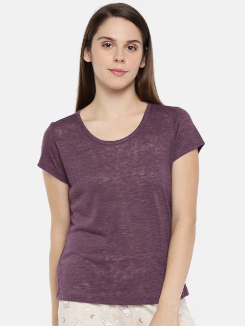

Dreamz by Pantaloons Women Purple Solid Round Neck Pure Cotton Lounge T-shirt