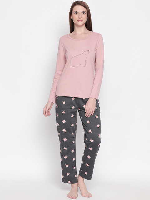 

Dreamz by Pantaloons Women Pink and Grey Printed Night suit