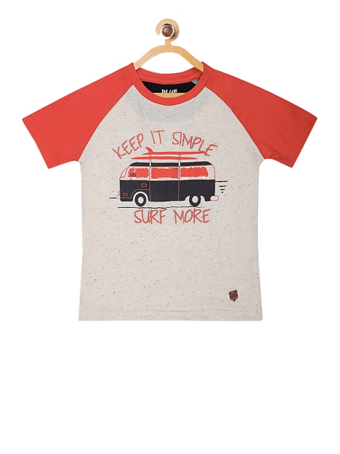 

Blue Giraffe Boys Off-White Coral Orange Printed Round Neck Pure Cotton T-shirt