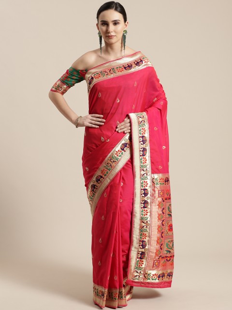 

Saree mall Pink & Golden Paisley Woven Design Banarasi Saree
