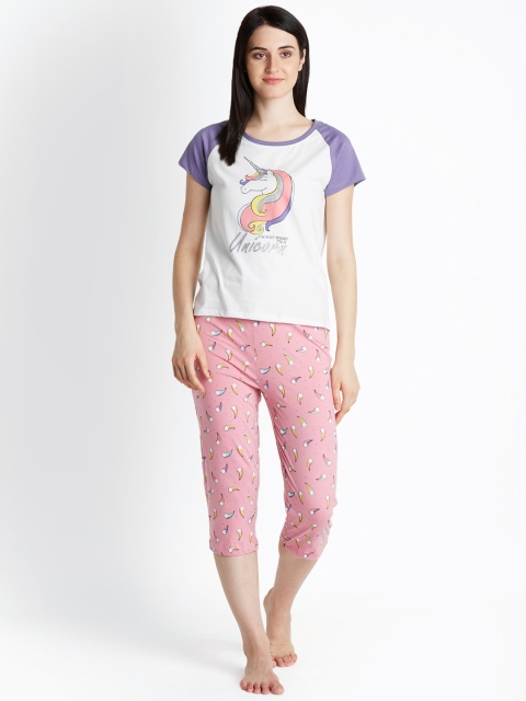 

Dreamz by Pantaloons Women White & Purple Printed Night Suit