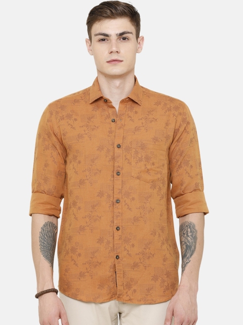 

CAVALLO by Linen Club Men Cotton Linen Mustard Yellow & Brown Regular Fit Printed Sustainable Casual Shirt