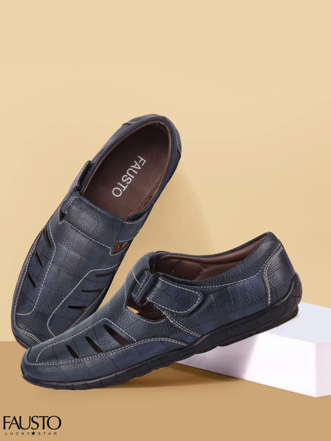 

FAUSTO Men Navy Blue Shoe-Style Leather Sandals