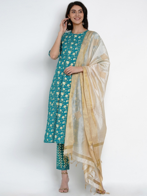 

Yuris Women Teal Blue & Beige Printed Kurta with Palazzos & Dupatta