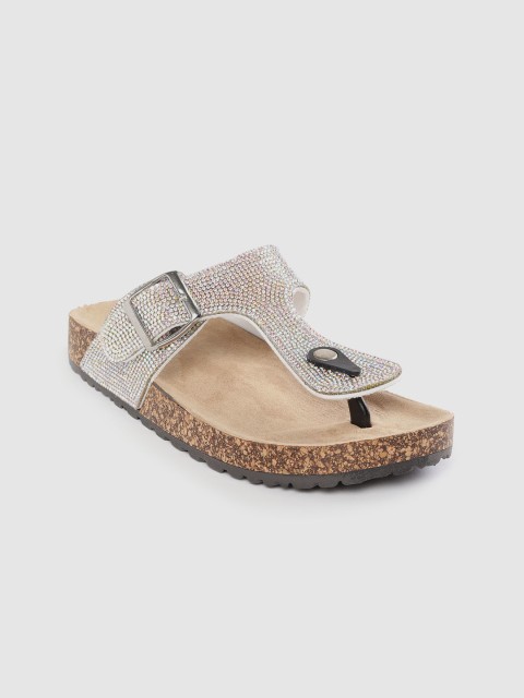 

Lavie Women Silver-Toned Stone-Studded T-Strap Flats with Iridescent Effect