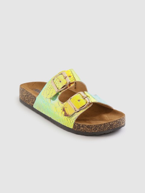 

Lavie Women Yellow & Blue Snakeskin-Textured Open Toe Flats with Iridescent Effect