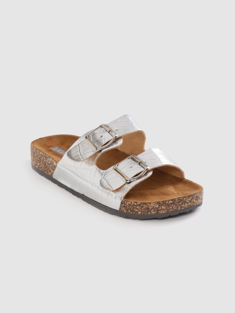 

Lavie Women Silver-Toned Croc Textured Open Toe Flats