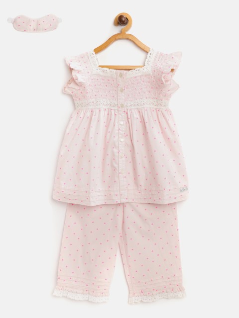 

Cherry Crumble Girls Pink Heart Printed Night suit With Eyemask