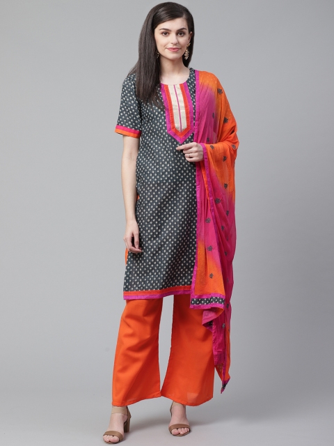 

Chhabra 555 Navy Blue & Orange Block Print Unstitched Dress Material
