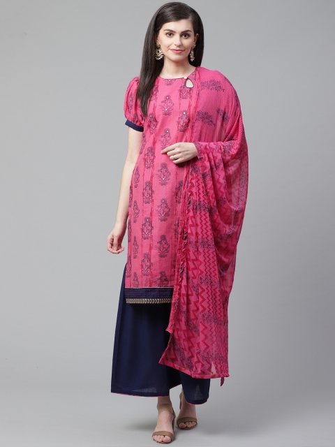 

Chhabra 555 Pink & Navy Blue Block Print Unstitched Dress Material