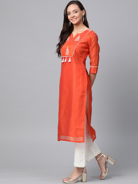 

Inddus Women Rust Orange Embroidered with Sequinned Yoke Design Straight Kurta