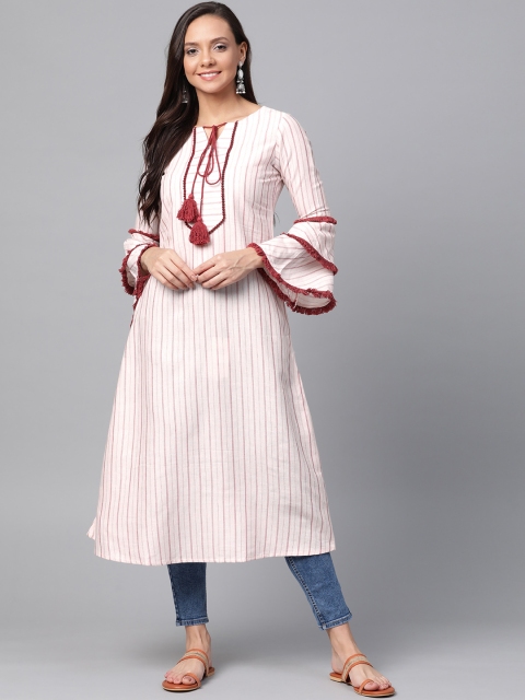 

Inddus Women Off-White & Pink Striped A-Line Kurta